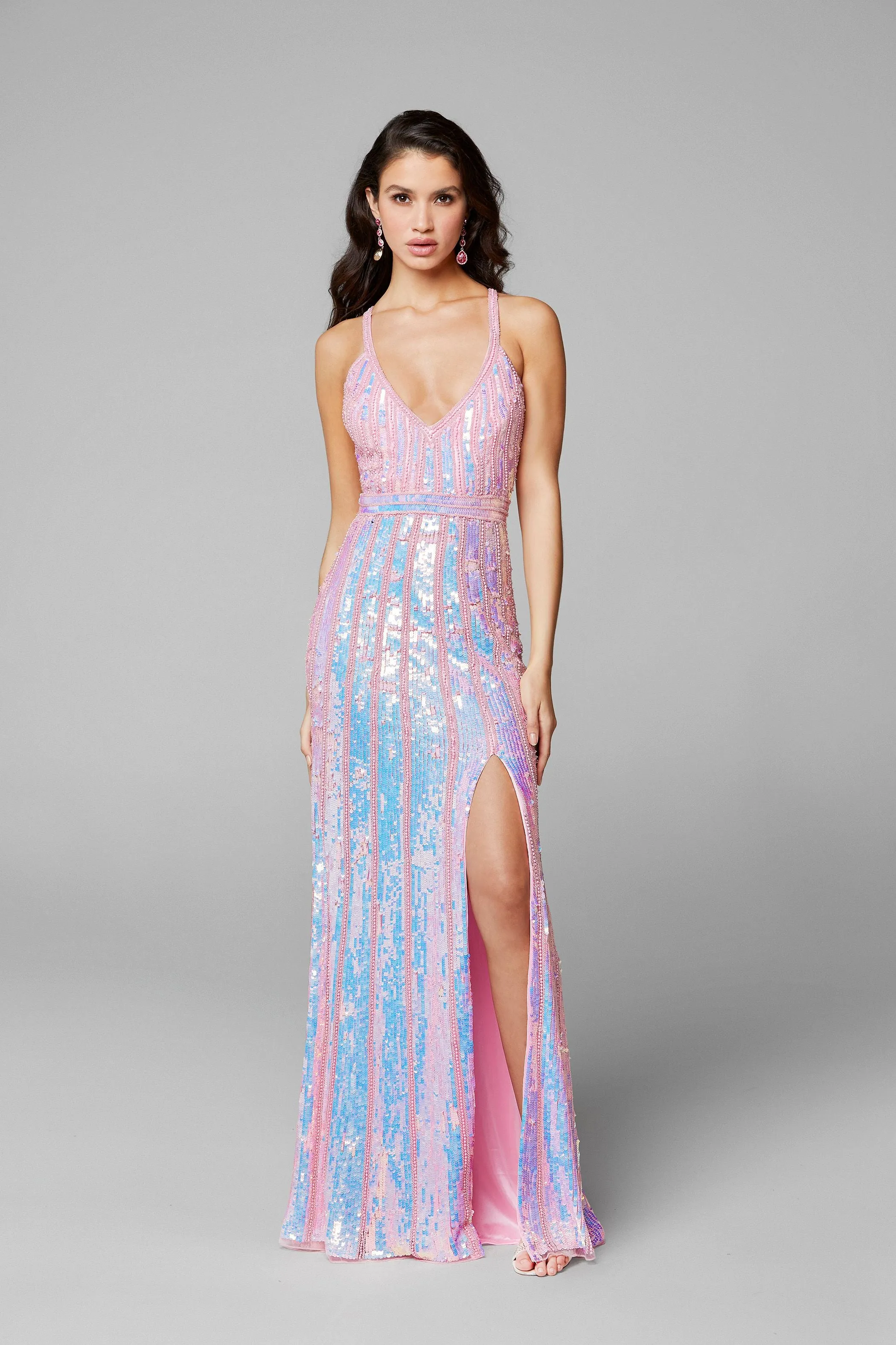 Primavera Couture 3441 Size 4 Pink Prom Dress Sequin Embellished Iridescent V Neckline
