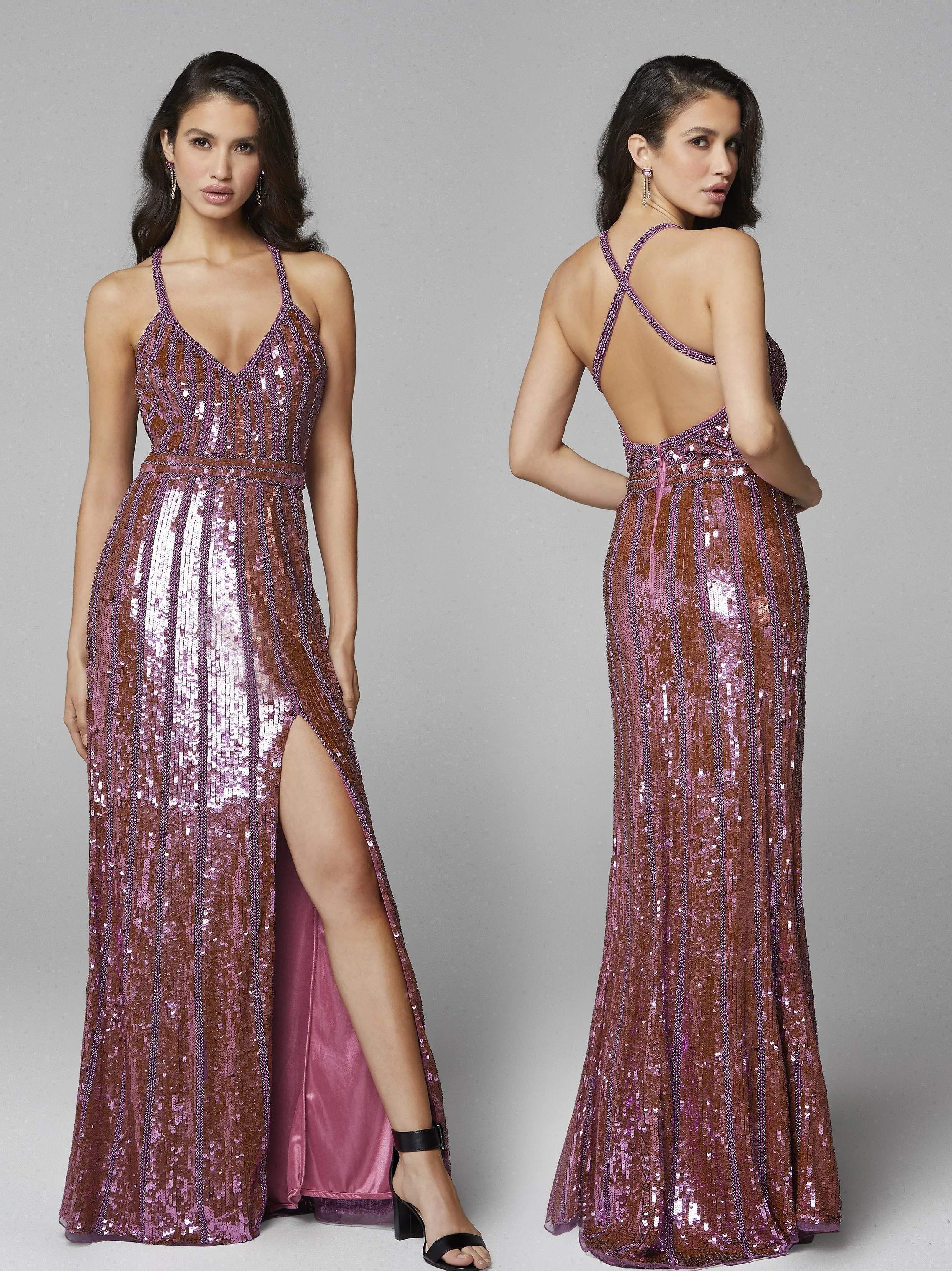 Primavera Couture 3441 Size 4 Pink Prom Dress Sequin Embellished Iridescent V Neckline