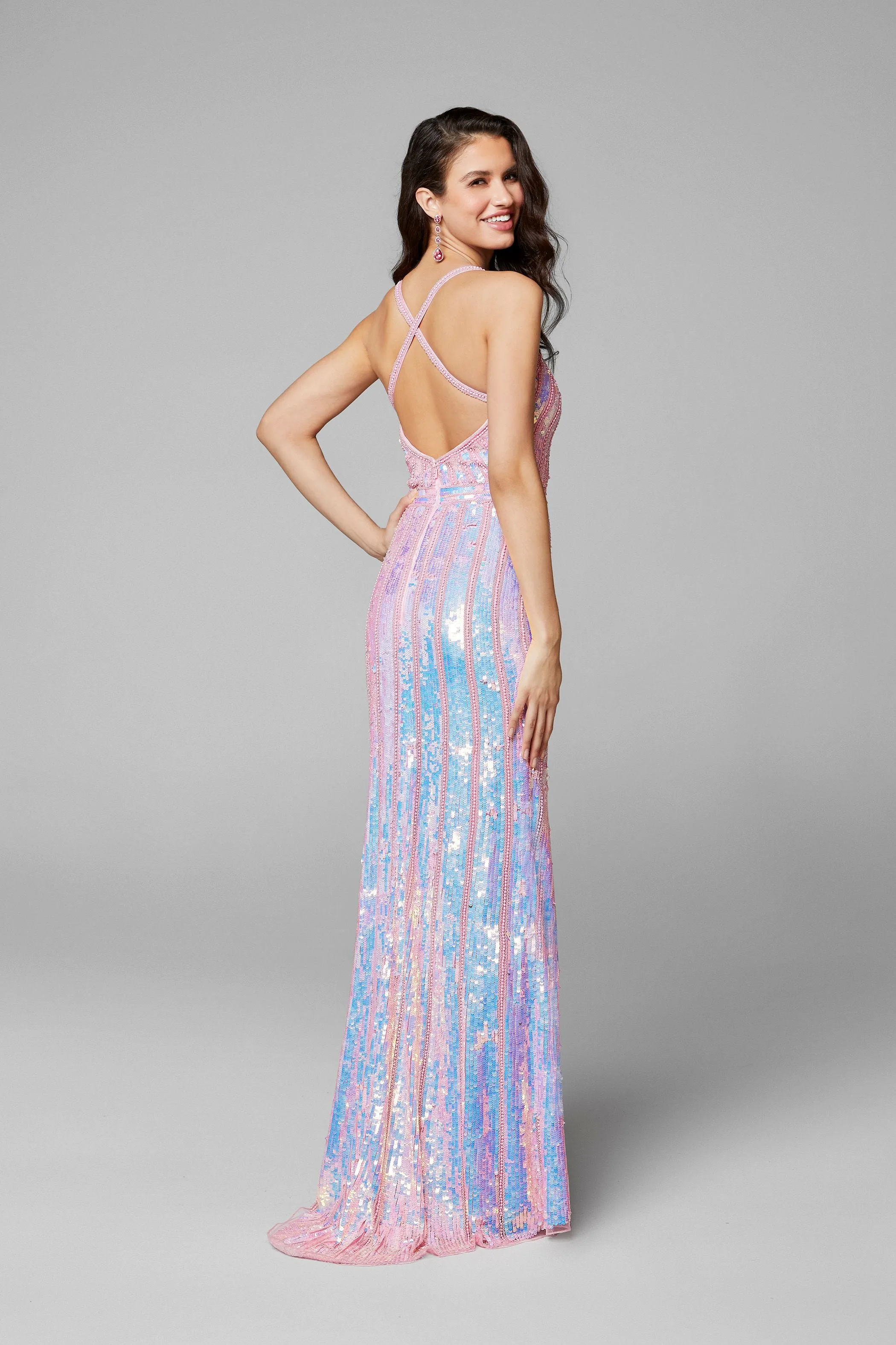 Primavera Couture 3441 Size 4 Pink Prom Dress Sequin Embellished Iridescent V Neckline