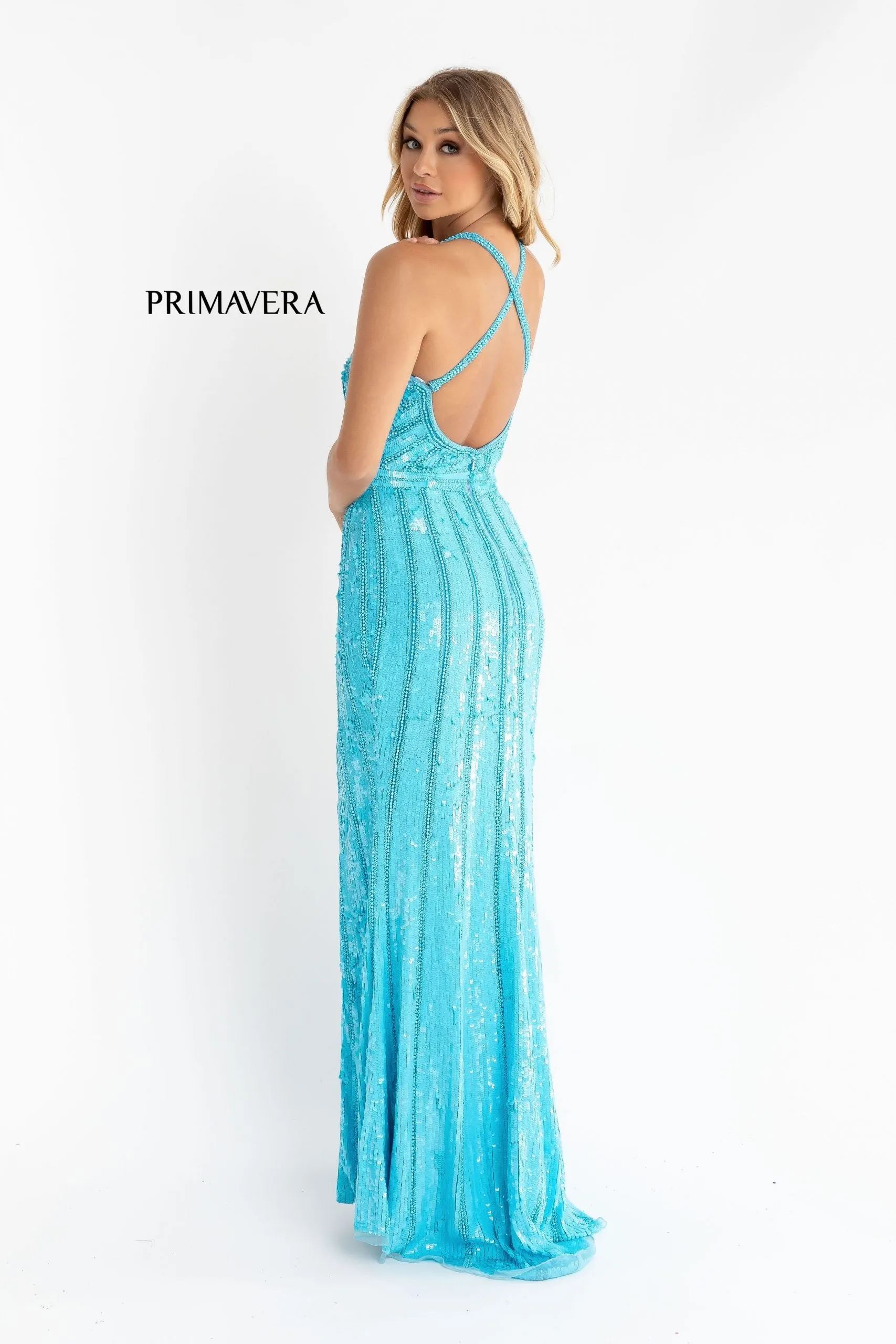 Primavera Couture 3441 Size 4 Pink Prom Dress Sequin Embellished Iridescent V Neckline