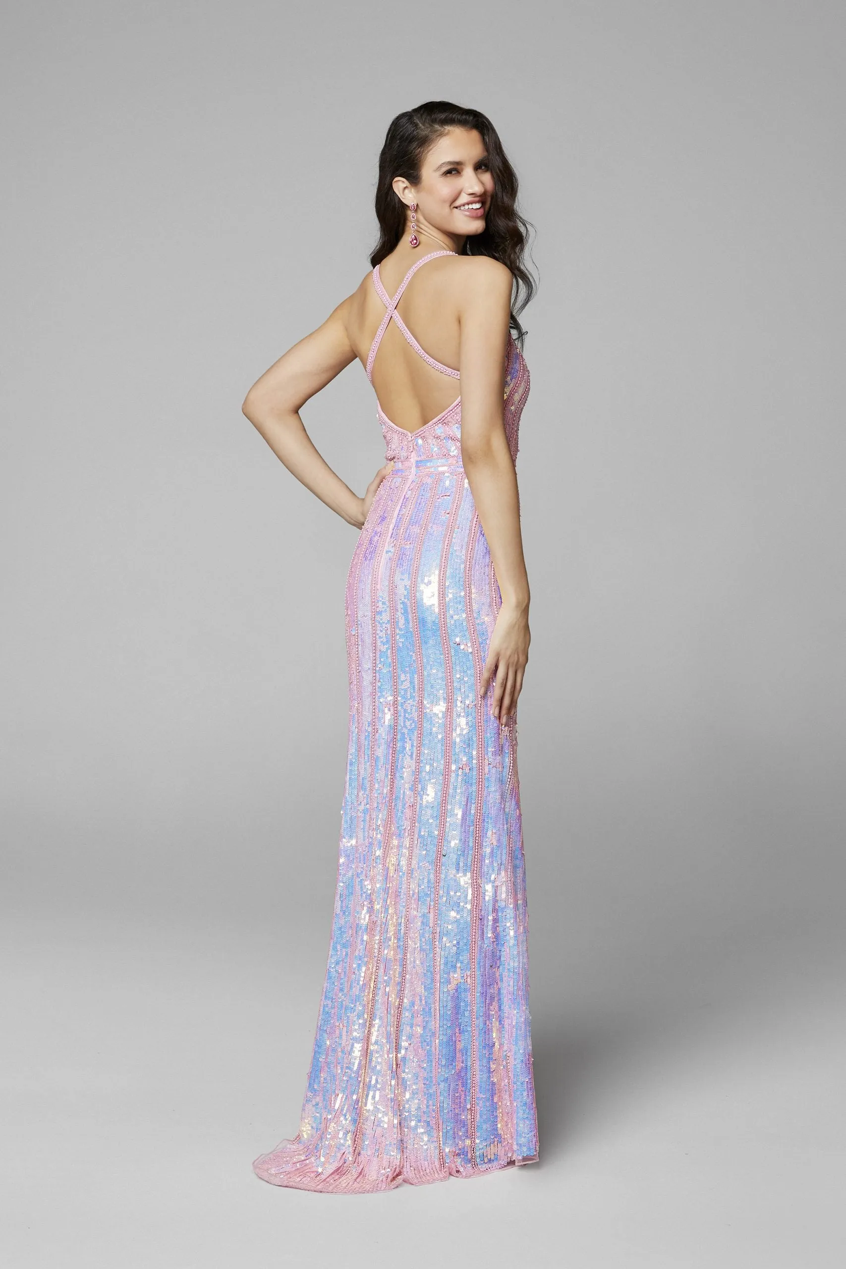 Primavera Couture 3441 Size 4 Pink Prom Dress Sequin Embellished Iridescent V Neckline