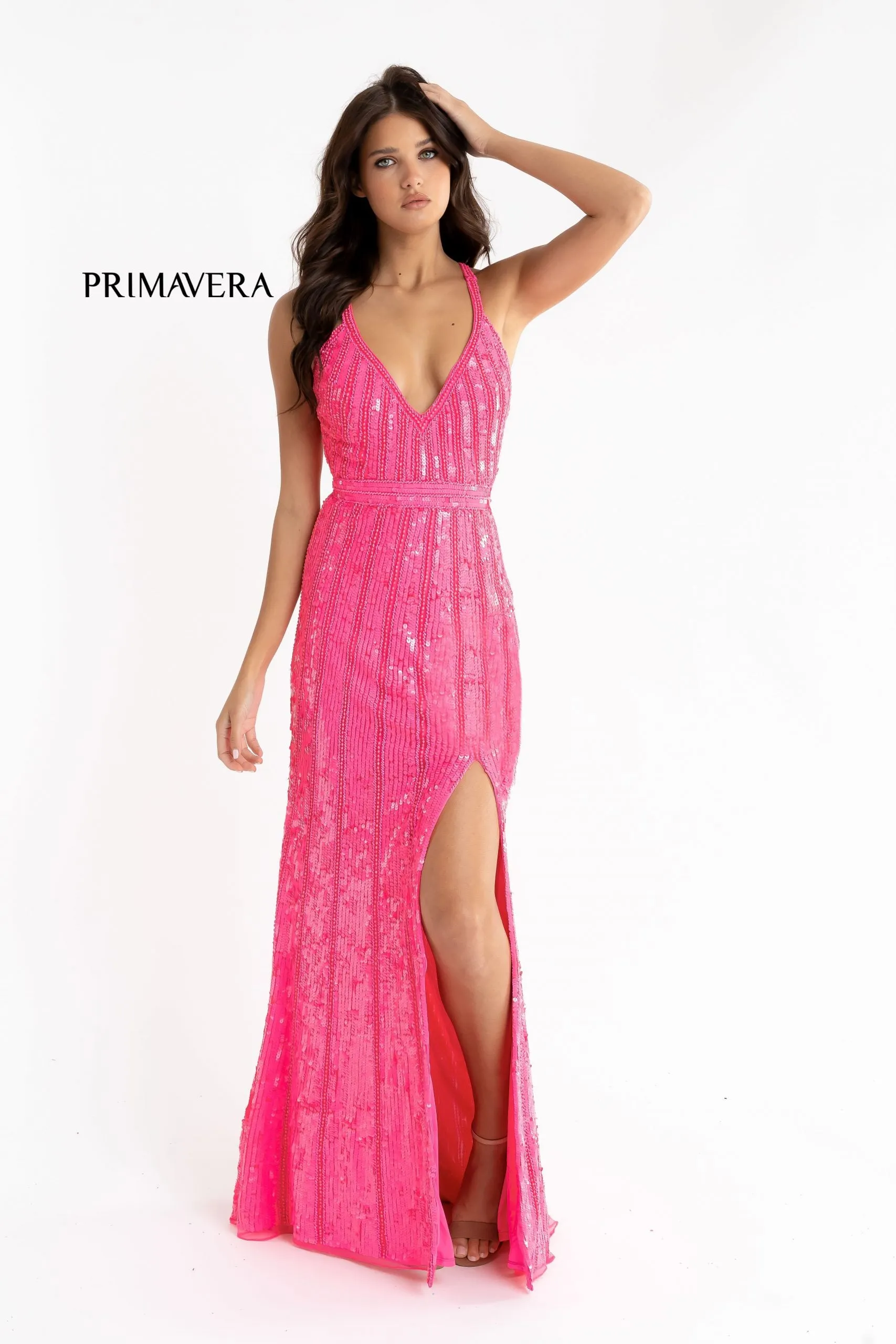 Primavera Couture 3441 Size 4 Pink Prom Dress Sequin Embellished Iridescent V Neckline