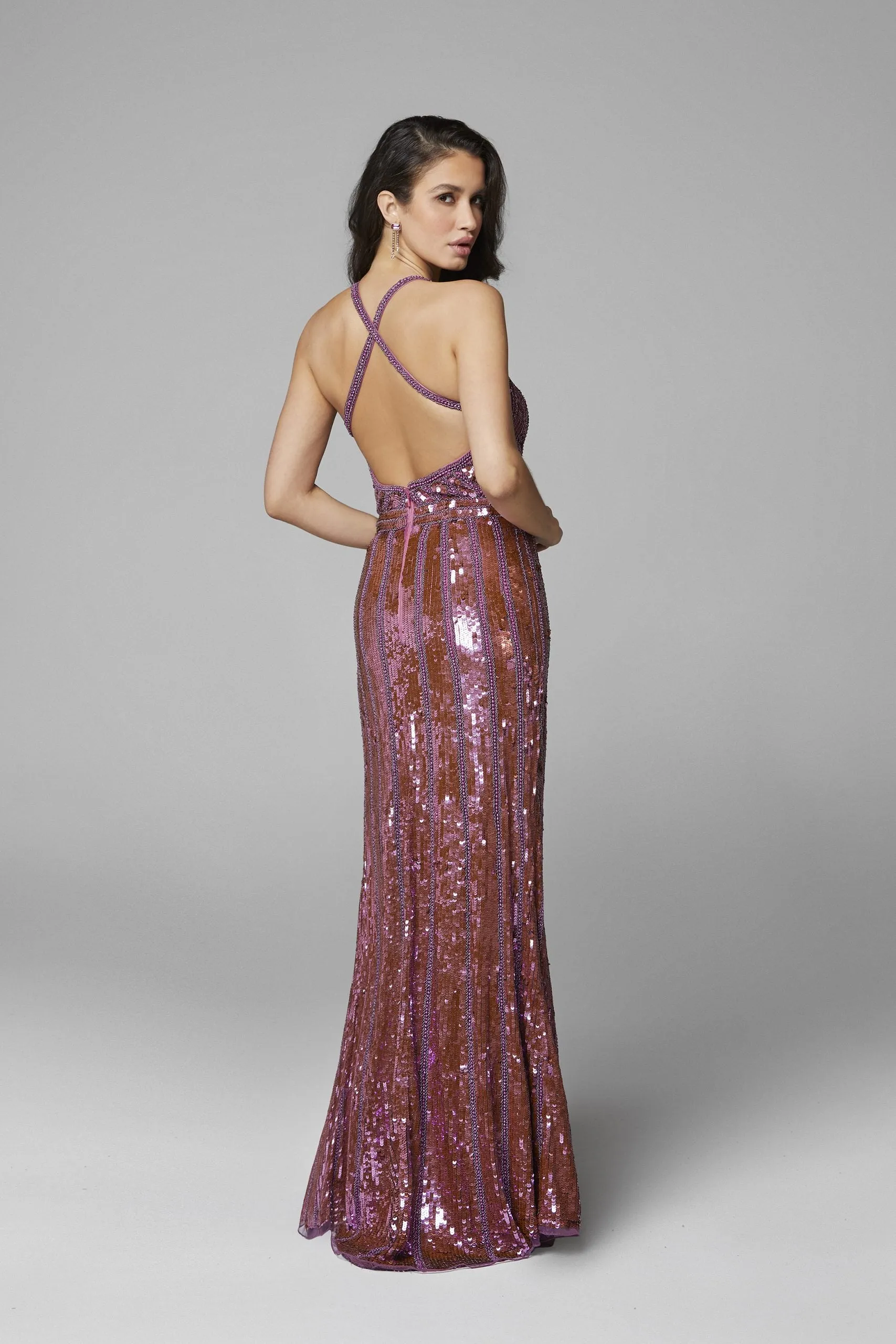 Primavera Couture 3441 Size 4 Pink Prom Dress Sequin Embellished Iridescent V Neckline