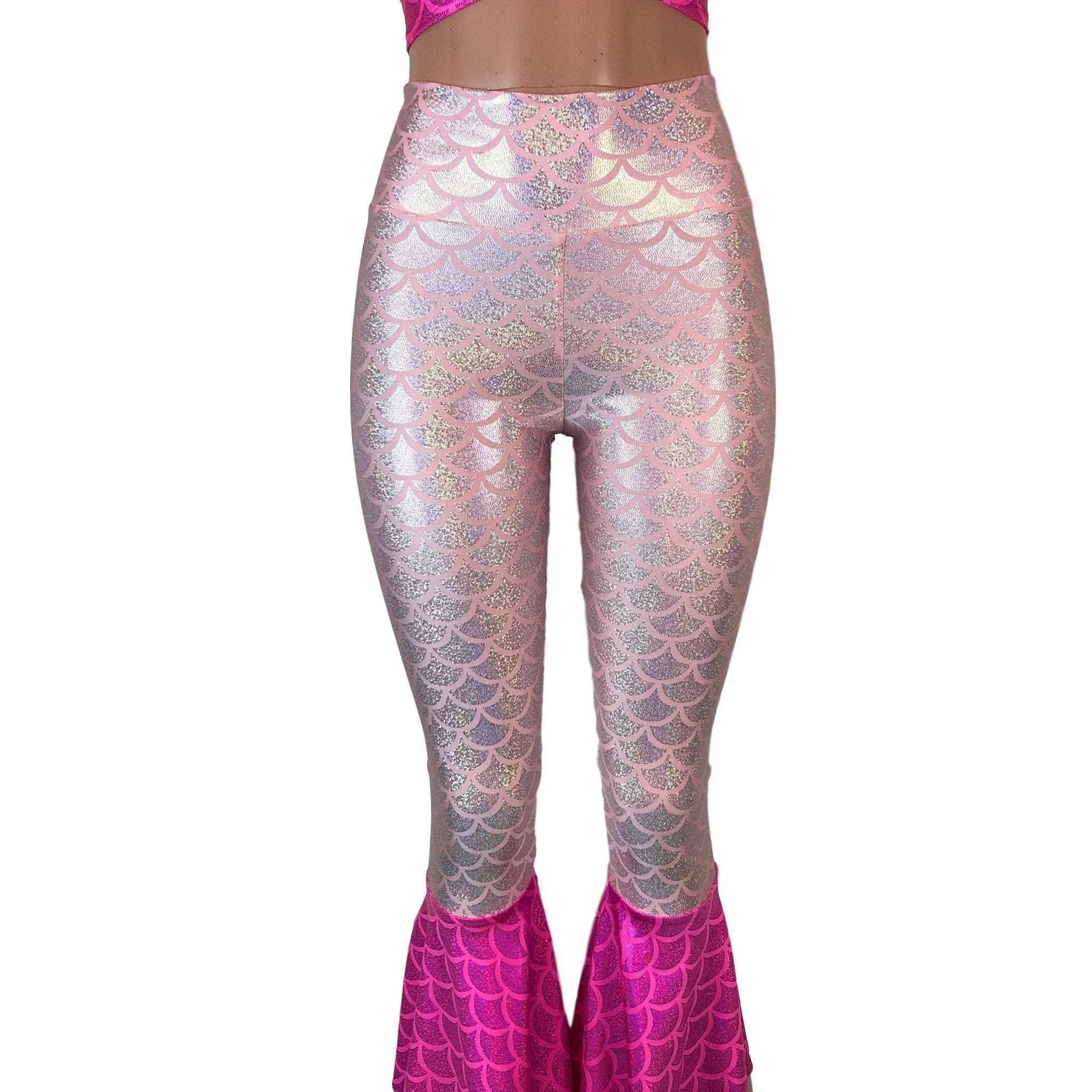 SALE - MEDIUM High-Waist Tiered Bell Bottom Flares - Pink Mermaid Scales