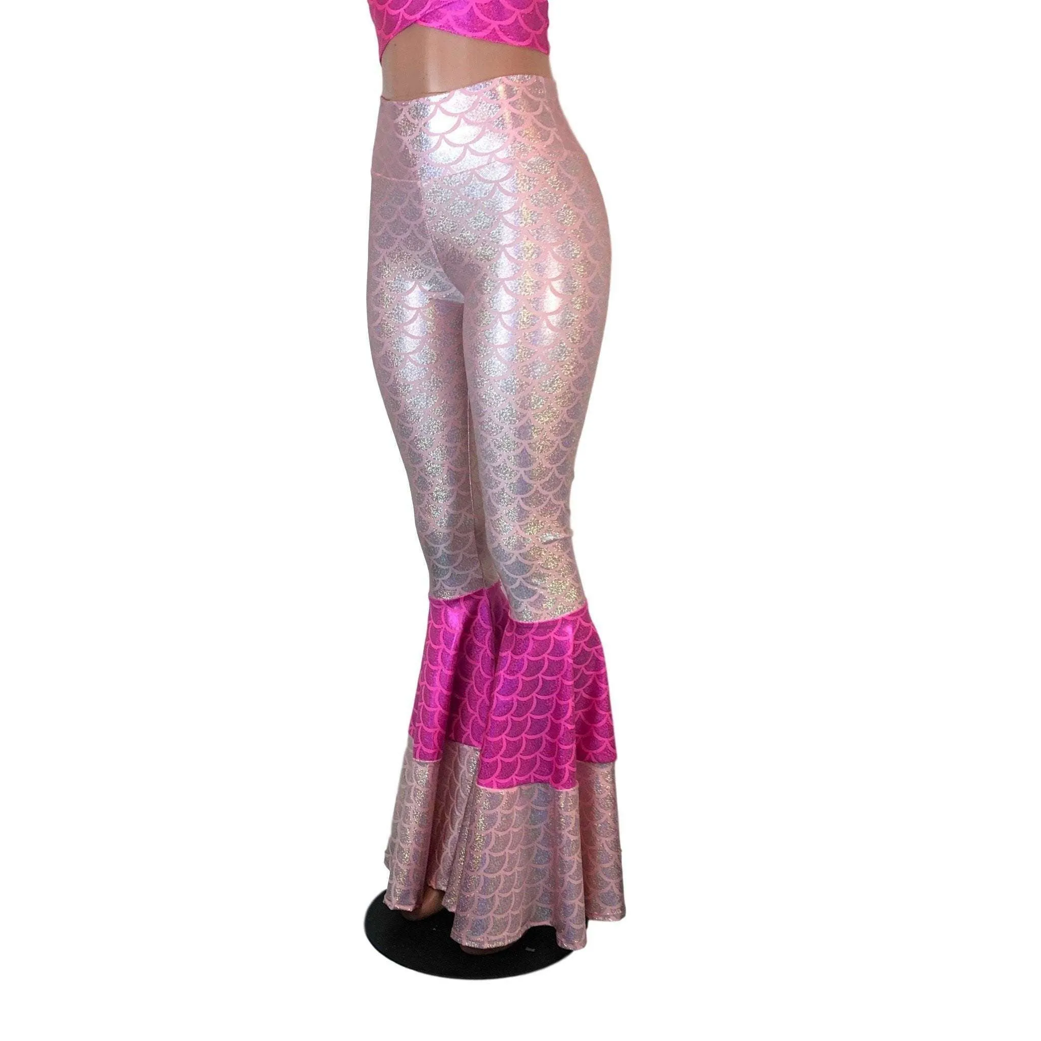 SALE - MEDIUM High-Waist Tiered Bell Bottom Flares - Pink Mermaid Scales