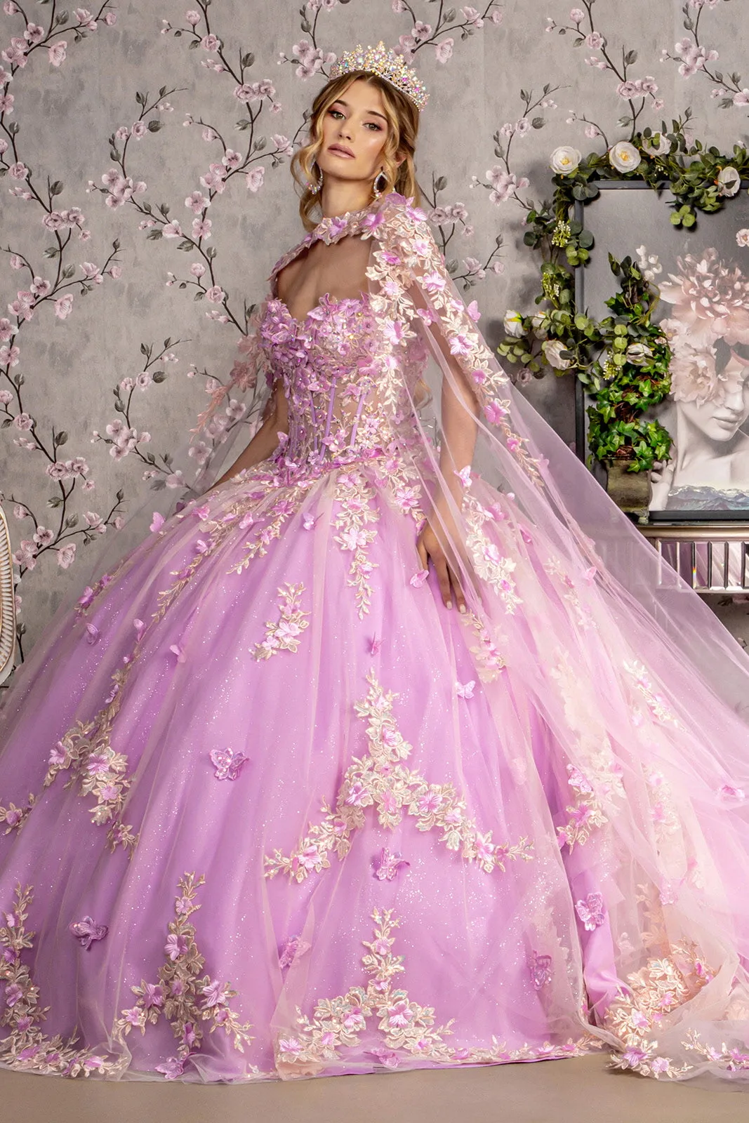 Sheer Bodice Strapless Sweetheart Mesh Ball Gown Side Mesh Long Drapes GLGL3467