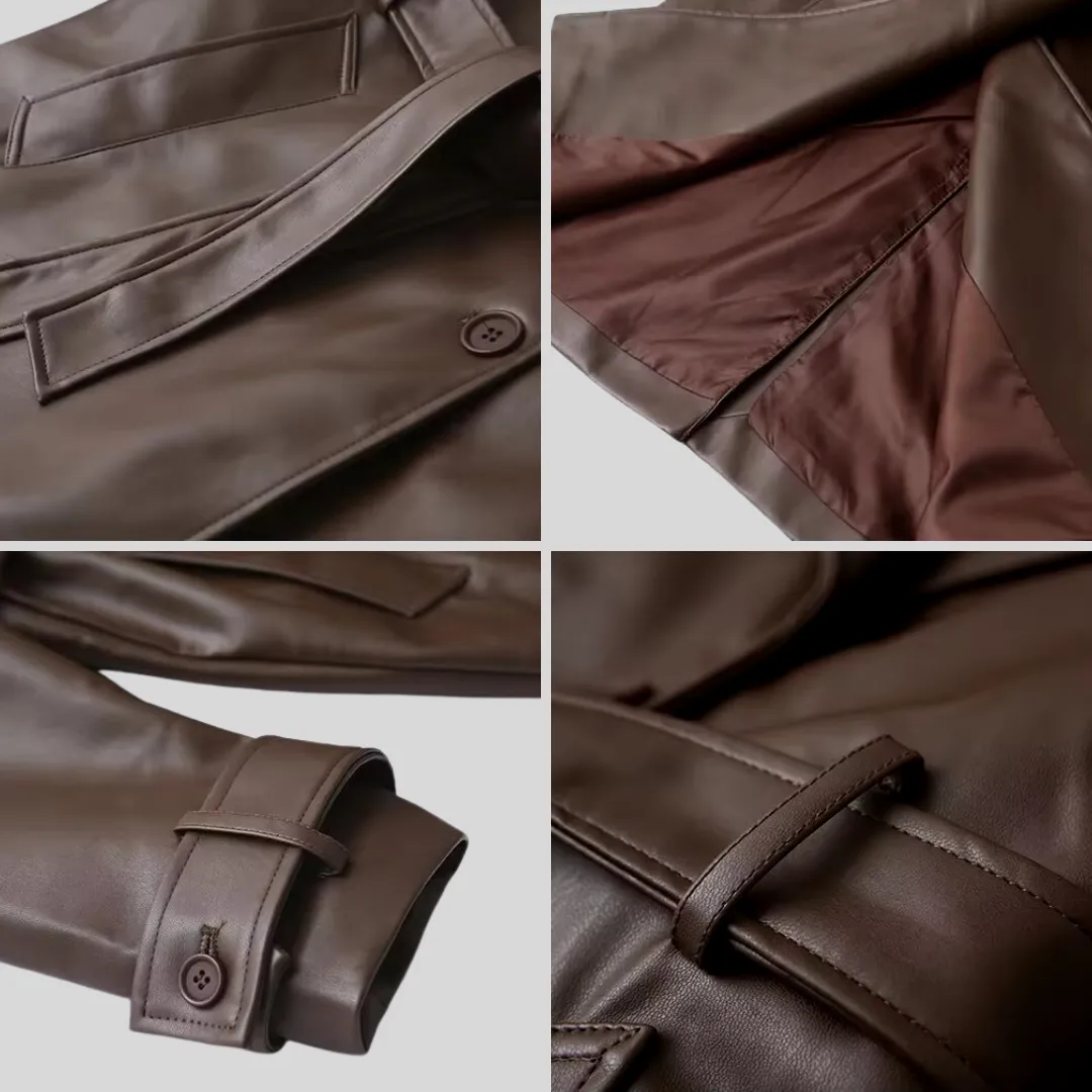 Vegan Leather Overcoat - Brown