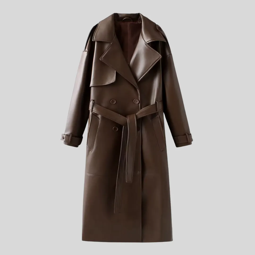 Vegan Leather Overcoat - Brown