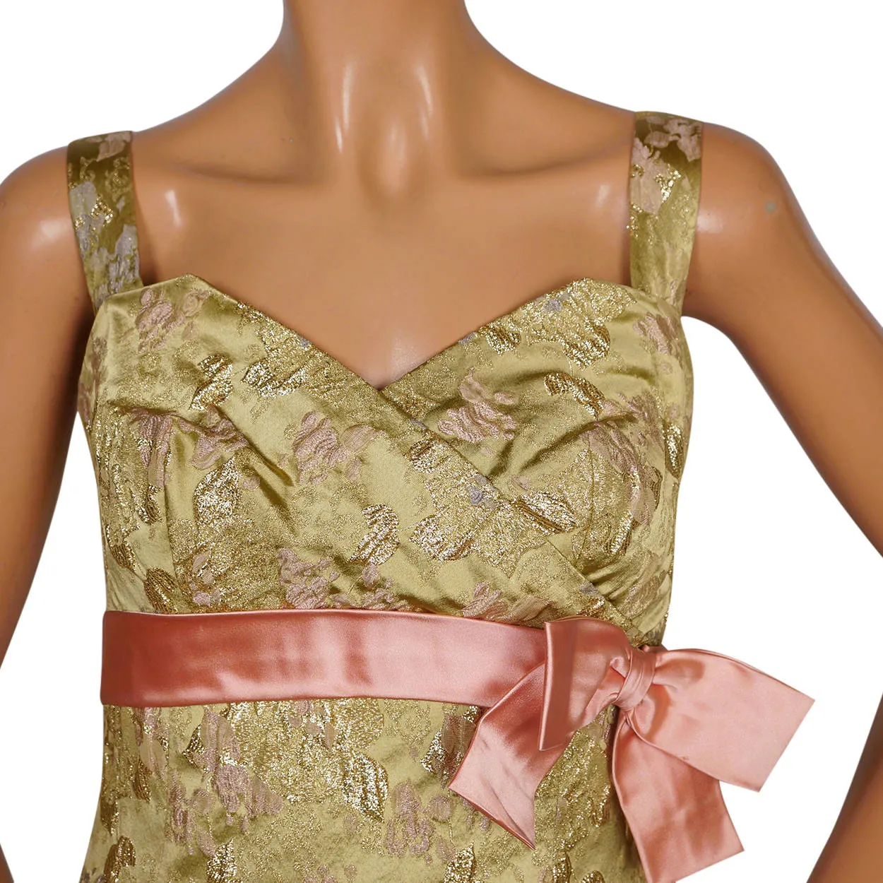 Vintage 1960s Evening Gown Gold Lame Brocade Switzerland Long Dress Size 10 M