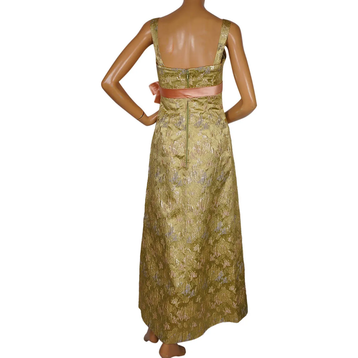 Vintage 1960s Evening Gown Gold Lame Brocade Switzerland Long Dress Size 10 M
