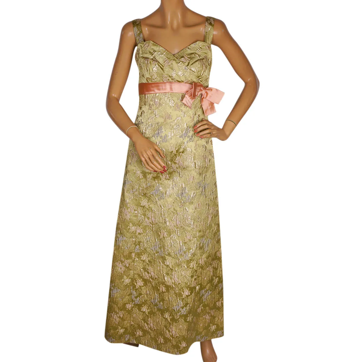 Vintage 1960s Evening Gown Gold Lame Brocade Switzerland Long Dress Size 10 M