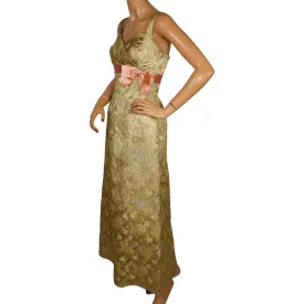 Vintage 1960s Evening Gown Gold Lame Brocade Switzerland Long Dress Size 10 M