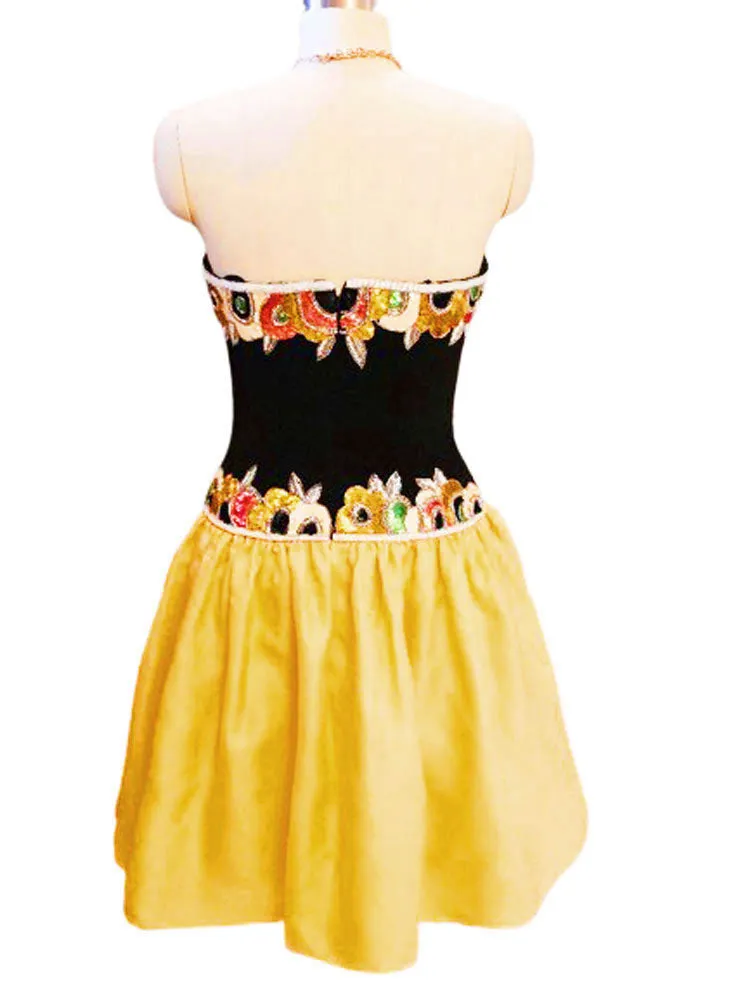 VINTAGE 1980s BOB MACKIE NEIMAN MARCUS STRAPLESS SEQUIN BEADED COCKTAIL DRESS EVENING GOWN IN GOLDEN PINEAPPLE VINTAGE PROM DRESS GLAMOROUS COCKTAIL DRESS