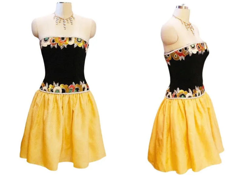 VINTAGE 1980s BOB MACKIE NEIMAN MARCUS STRAPLESS SEQUIN BEADED COCKTAIL DRESS EVENING GOWN IN GOLDEN PINEAPPLE VINTAGE PROM DRESS GLAMOROUS COCKTAIL DRESS