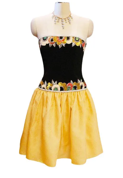 VINTAGE 1980s BOB MACKIE NEIMAN MARCUS STRAPLESS SEQUIN BEADED COCKTAIL DRESS EVENING GOWN IN GOLDEN PINEAPPLE VINTAGE PROM DRESS GLAMOROUS COCKTAIL DRESS