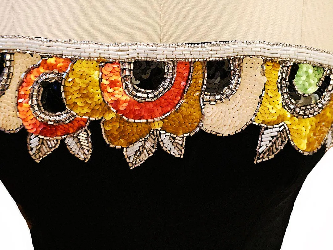 VINTAGE 1980s BOB MACKIE NEIMAN MARCUS STRAPLESS SEQUIN BEADED COCKTAIL DRESS EVENING GOWN IN GOLDEN PINEAPPLE VINTAGE PROM DRESS GLAMOROUS COCKTAIL DRESS