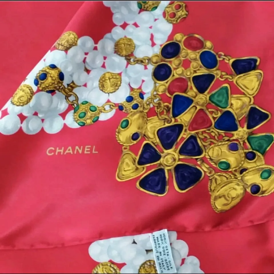 Vintage Chanel Jewel Gripoix Pearls Silk Scarf 34"x34"