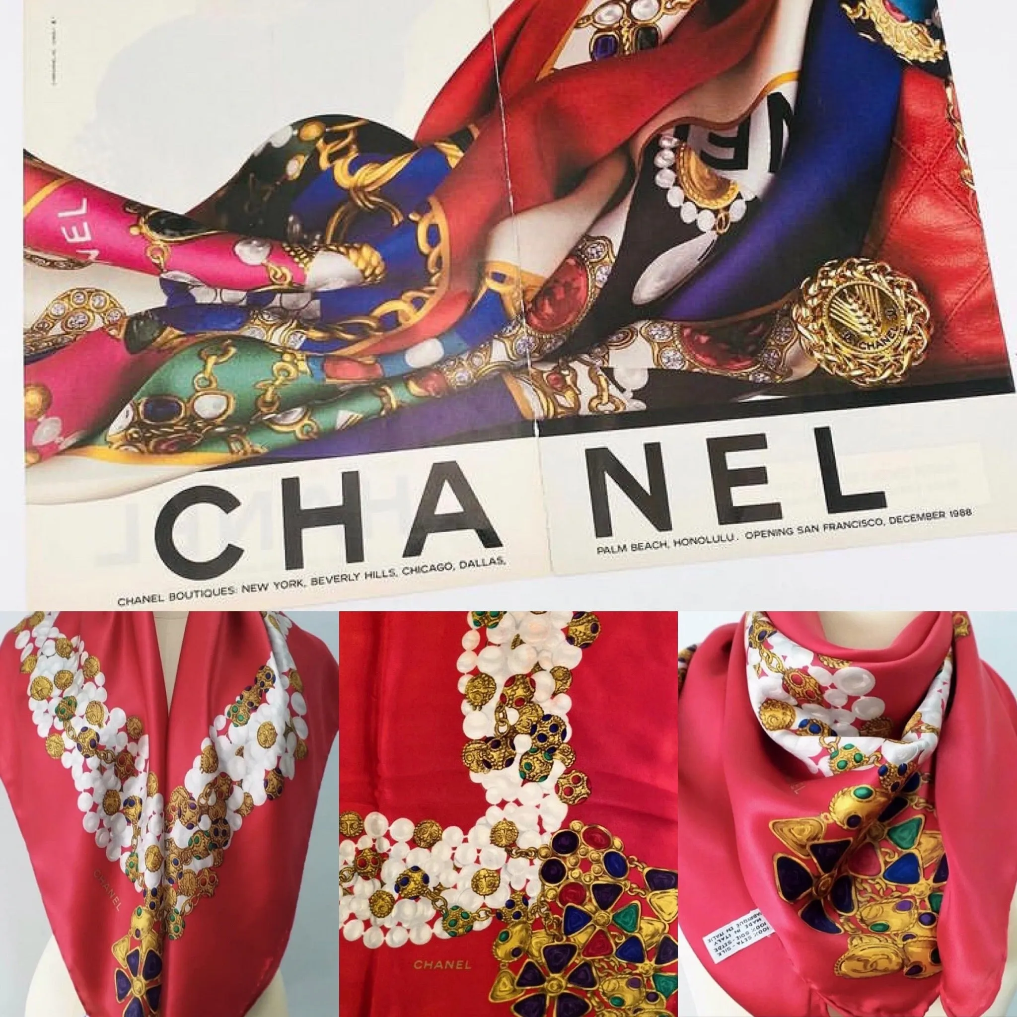 Vintage Chanel Jewel Gripoix Pearls Silk Scarf 34"x34"