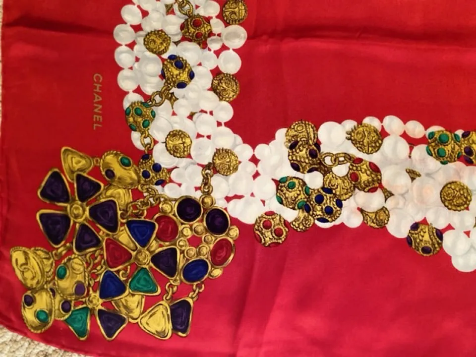 Vintage Chanel Jewel Gripoix Pearls Silk Scarf 34"x34"