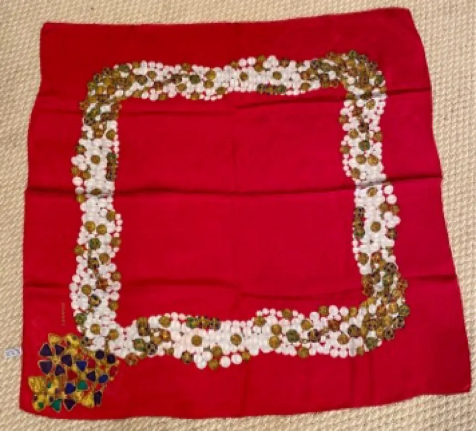 Vintage Chanel Jewel Gripoix Pearls Silk Scarf 34"x34"