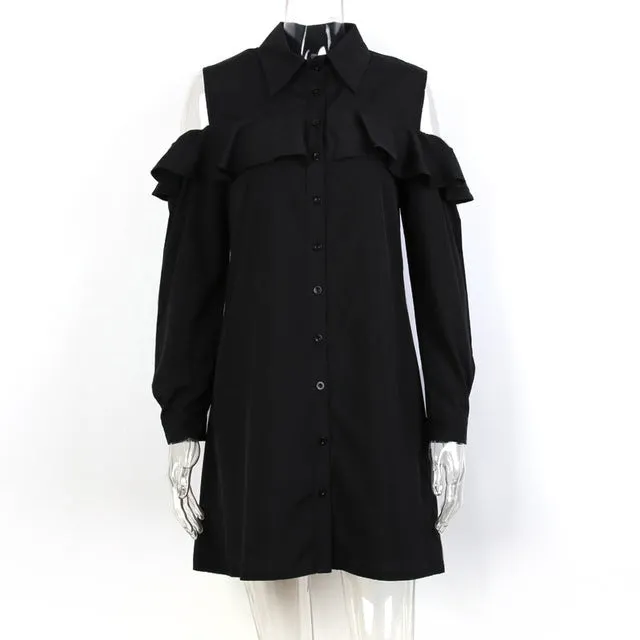 Vlent Sexy Off Shoulder Long Ruffles Sleeve Shirt Dress Women Plus Size Autumn Short Black Dresses 90s Girl Preppy Casual Dress