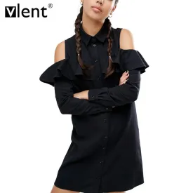 Vlent Sexy Off Shoulder Long Ruffles Sleeve Shirt Dress Women Plus Size Autumn Short Black Dresses 90s Girl Preppy Casual Dress