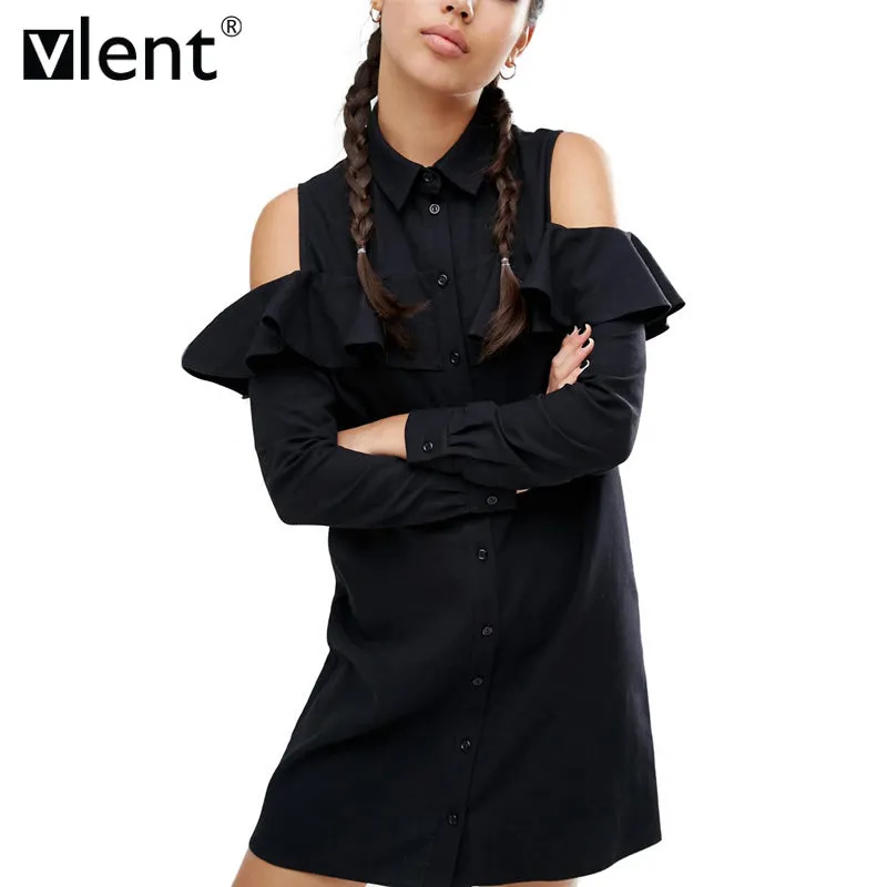 Vlent Sexy Off Shoulder Long Ruffles Sleeve Shirt Dress Women Plus Size Autumn Short Black Dresses 90s Girl Preppy Casual Dress