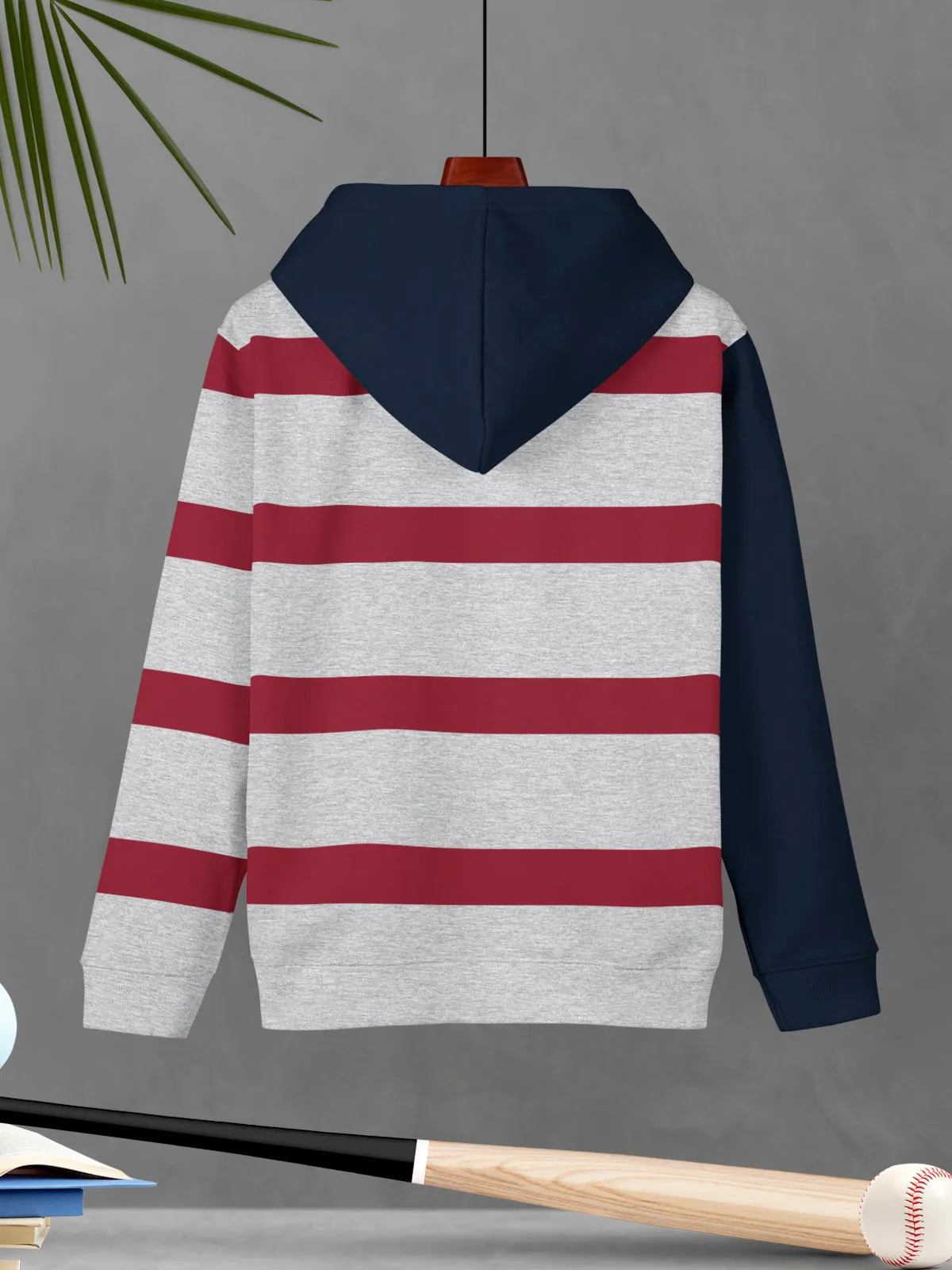 White Melange Striped Cotton Blend Hoodie Sweatshirt For Boys