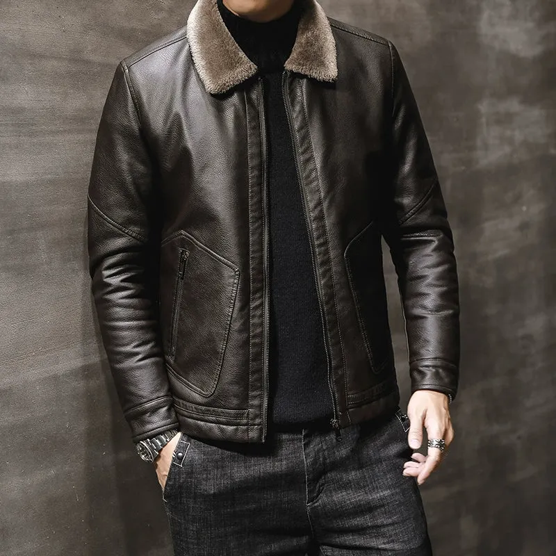 Winter Korean Style Fleece-Lined Thickened Handsome Lambswool Leather Jacket