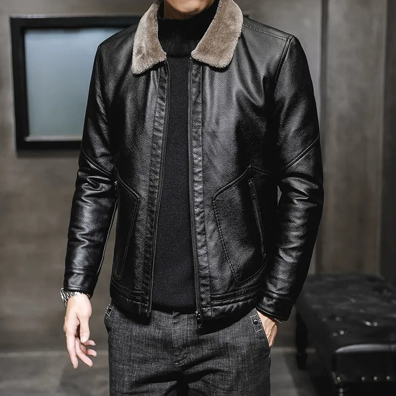 Winter Korean Style Fleece-Lined Thickened Handsome Lambswool Leather Jacket
