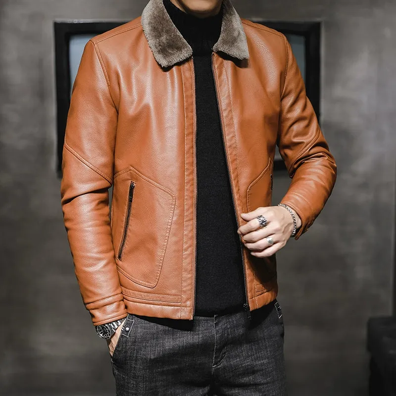 Winter Korean Style Fleece-Lined Thickened Handsome Lambswool Leather Jacket