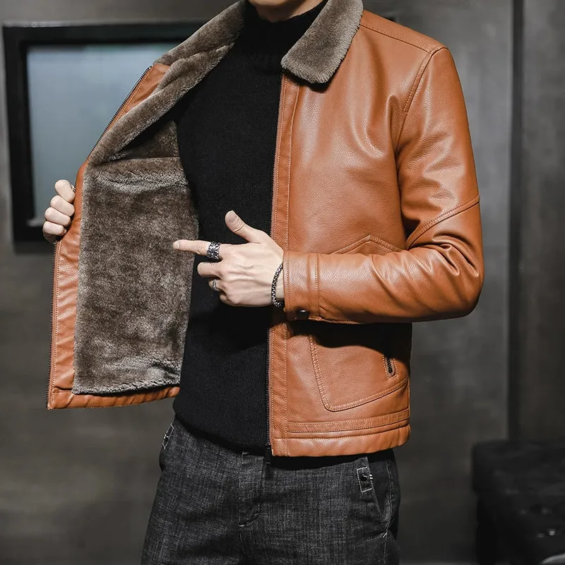 Winter Korean Style Fleece-Lined Thickened Handsome Lambswool Leather Jacket