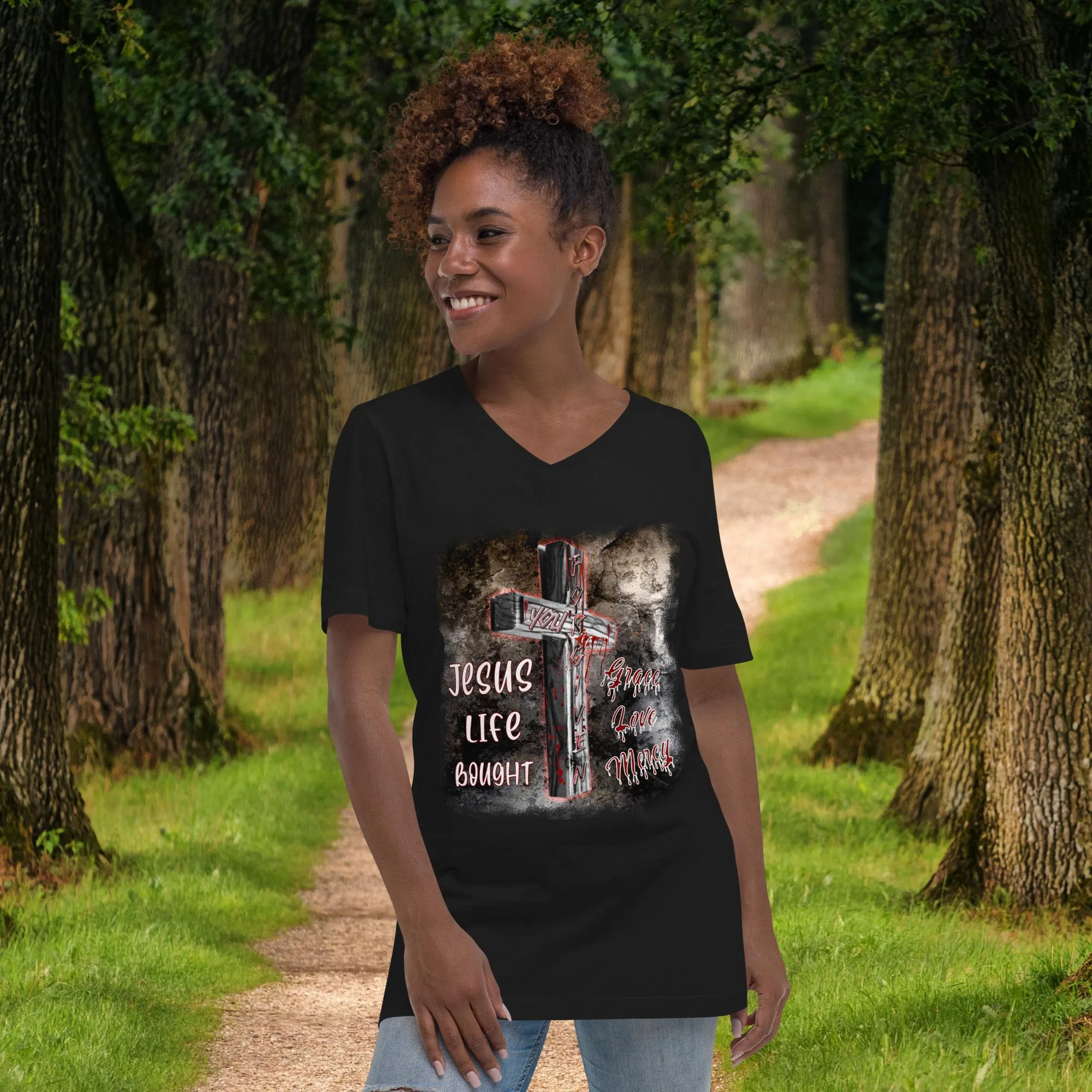 You're Forgiven By the Blood of Jesus - Unisex Short Sleeve V-Neck T-Shirt